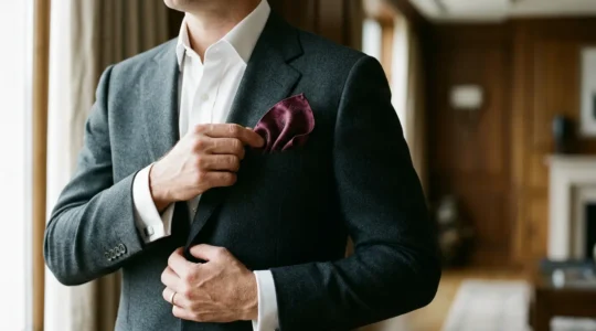 Homme élégant ajustant une pochette de costume pliée dans la poche de veste