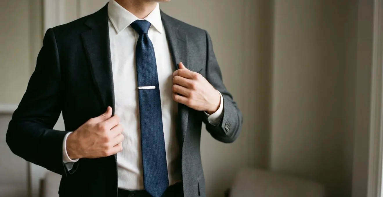Vue en plan moyen d'un torse masculin en chemise blanche et cravate avec pince positionnée au niveau du sternum