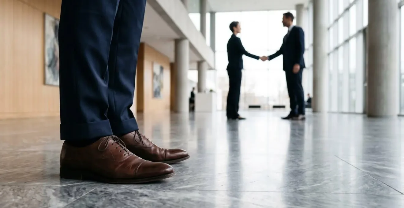 Scène de rencontre professionnelle avec un focus sur les chaussures impeccables, symbolisant l'importance du détail.