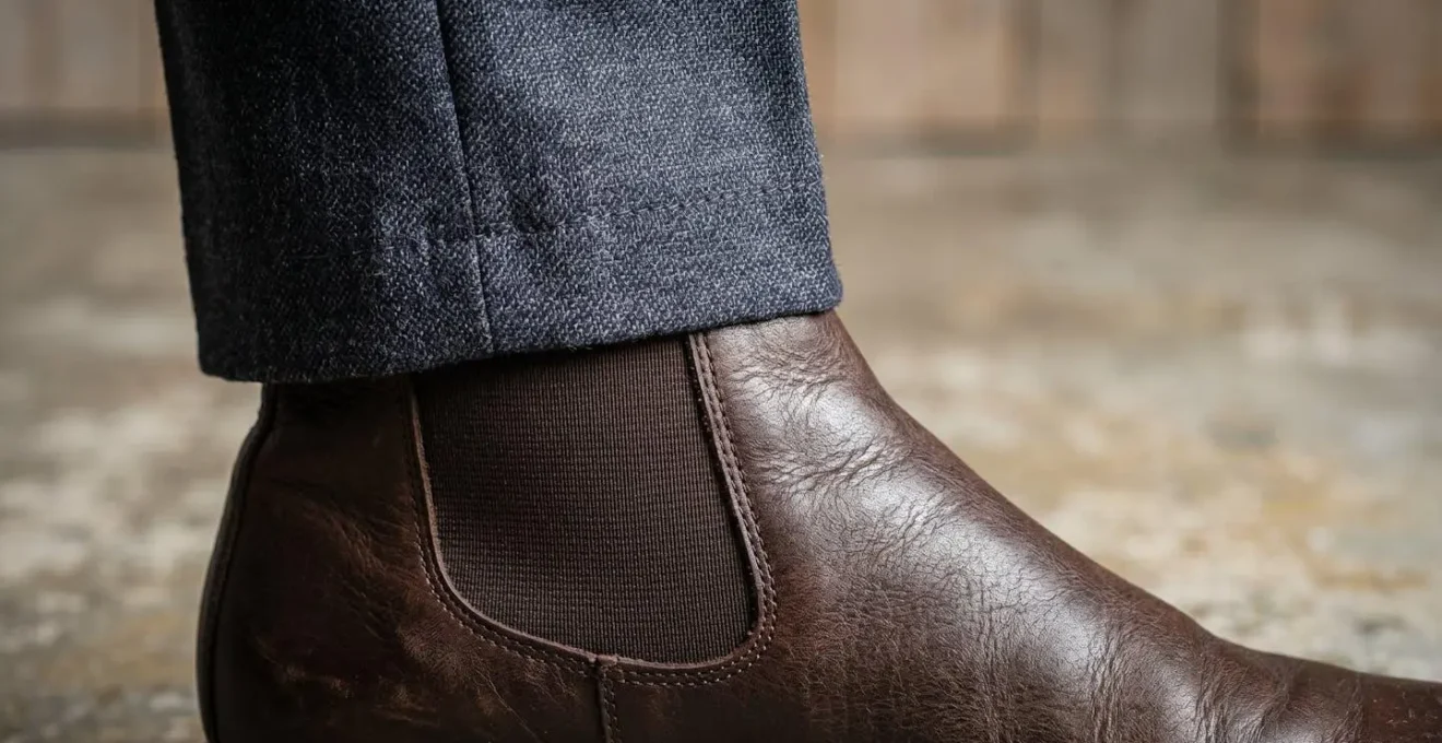 Gros plan sur l'interaction entre l'ouverture d'un pantalon et une Chelsea boot montrant les proportions ideales