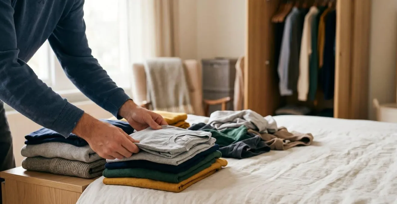 Processus de réorganisation de dressing avec vêtements triés en catégories distinctes, ambiance méthodique et structurée