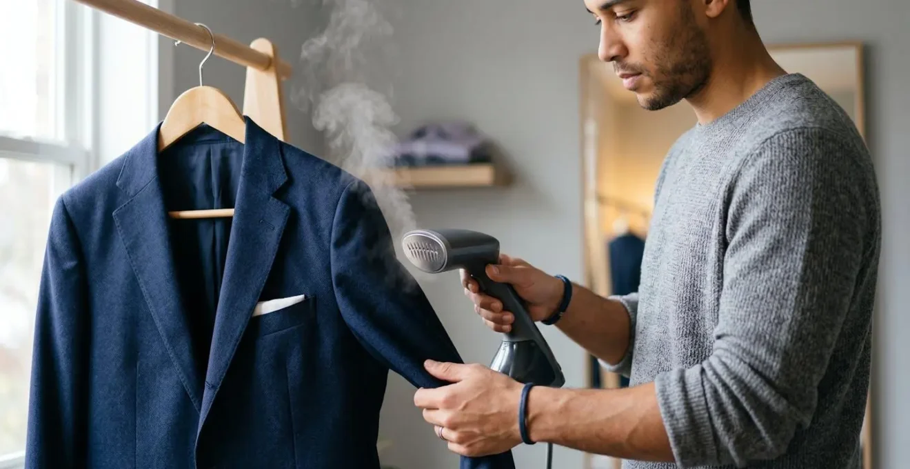 Plan rapproché d'un défroisseur vapeur portable en action sur la manche d'un costume bleu marine suspendu à un cintre en bois
