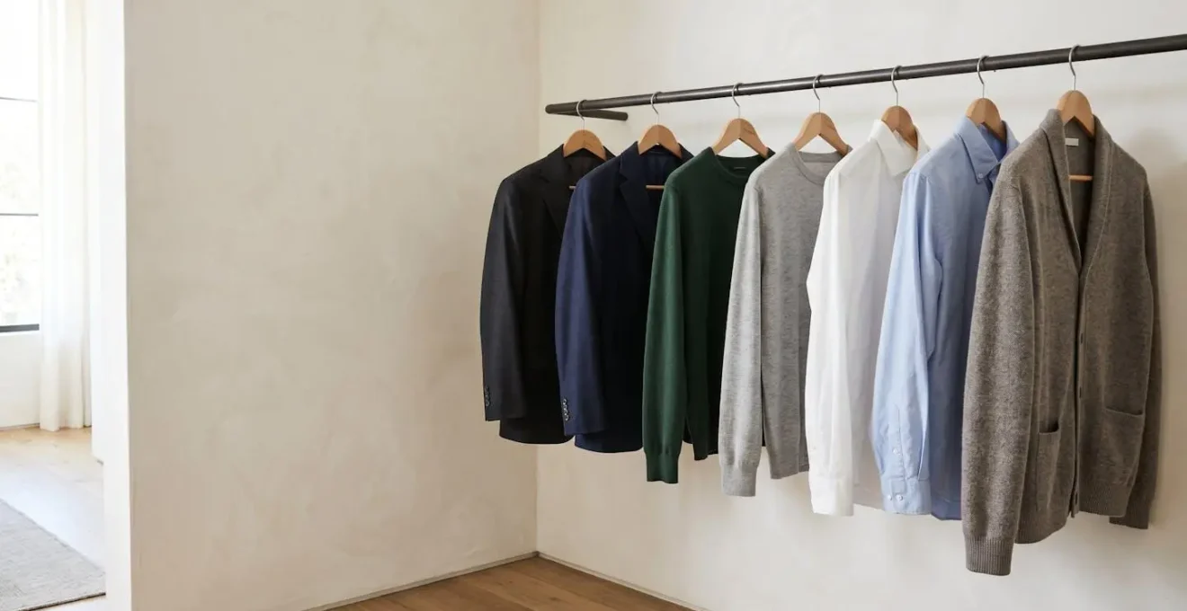 Vue rapprochée de vêtements en laine et fibres naturelles suspendus sur cintres en bois avec espace de respiration