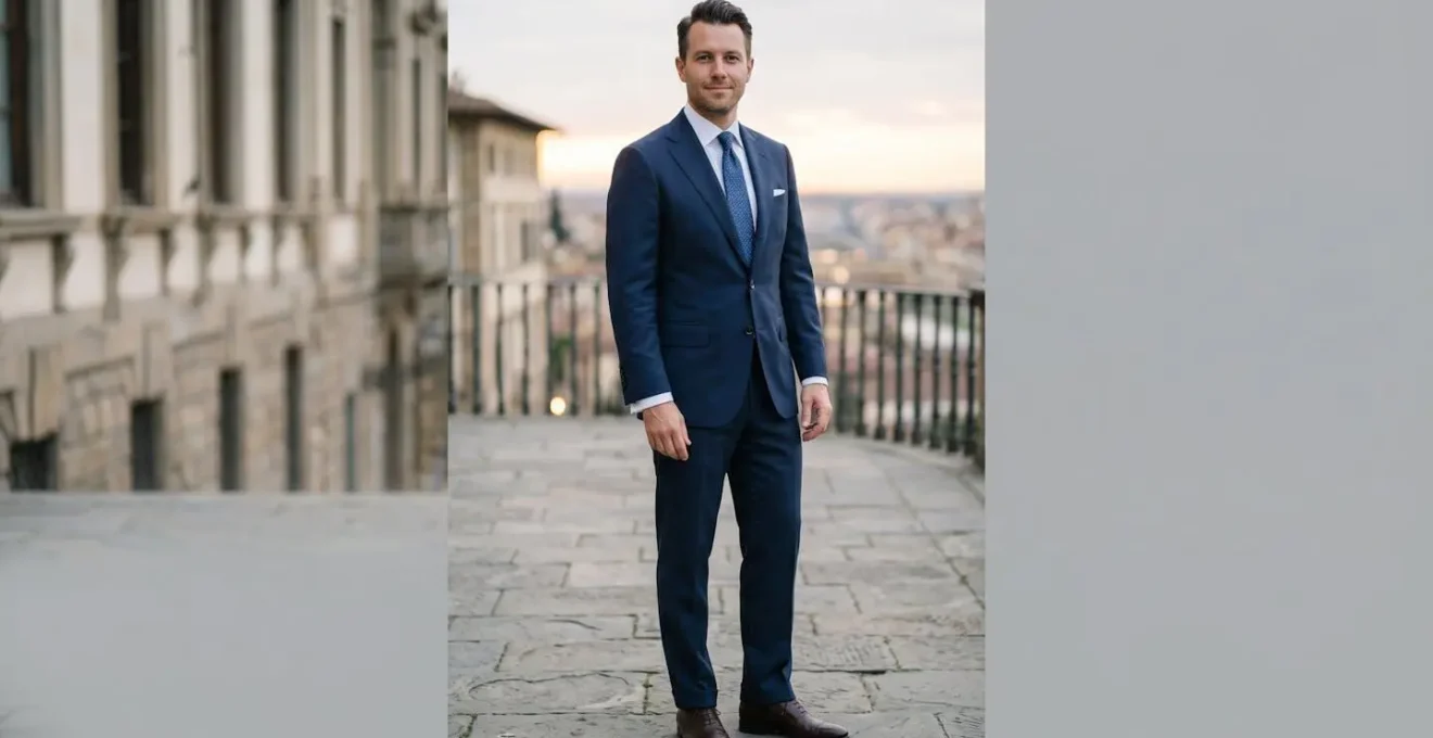 Portrait moyen d'un homme en costume montrant les proportions parfaites : longueur de manche, placement du bouton et break du pantalon
