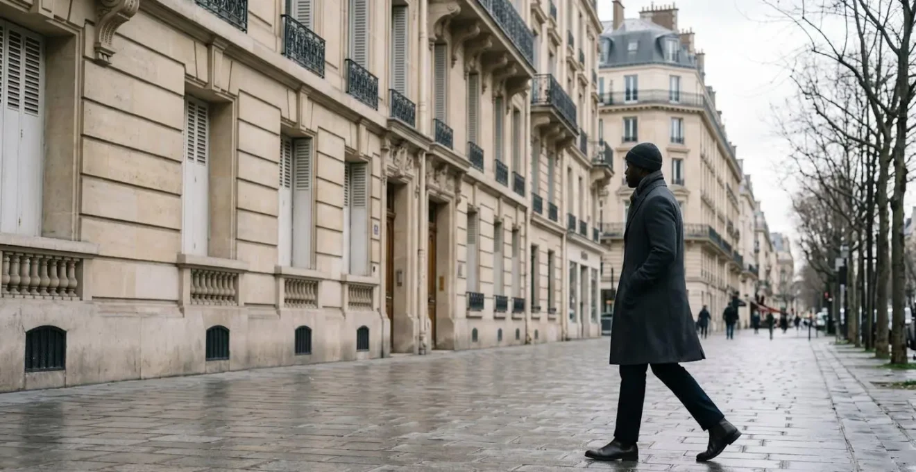 Silhouette d'un homme portant un manteau d'hiver à la coupe parfaite, soulignant une ligne d'épaule nette et une taille cintrée.