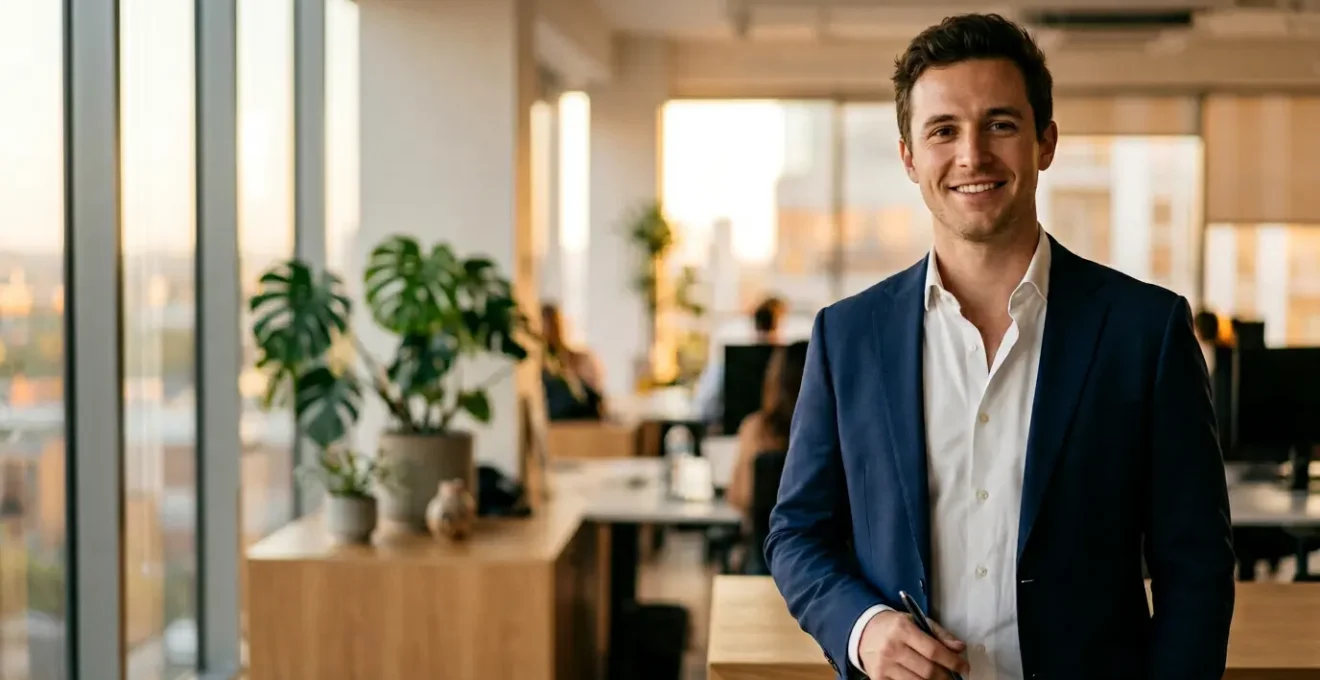 Jeune professionnel masculin en tenue de travail élégante et contemporaine manifestant confiance et authenticité