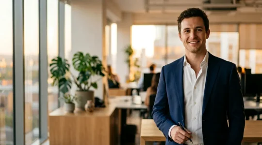 Jeune professionnel masculin en tenue de travail élégante et contemporaine manifestant confiance et authenticité
