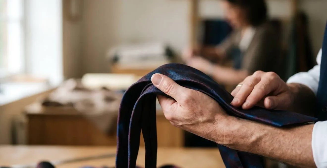 Main d'expert testant la texture et le drapé d'une cravate en soie de qualité