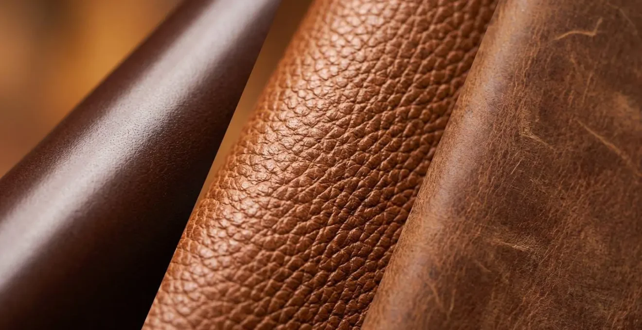 Gros plan macro sur différentes textures de cuir marron montrant grain et patine