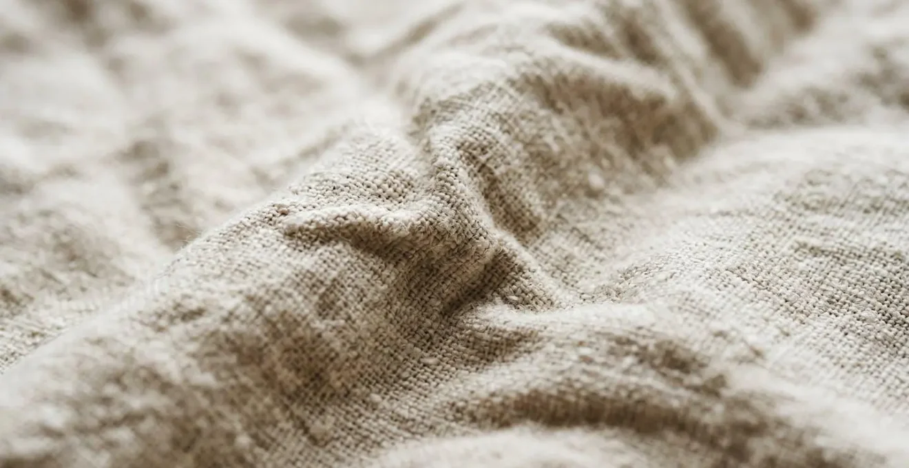 Détail macro de la texture naturellement froissée d'une chemise en lin montrant les fibres irrégulières et le tombé fluide