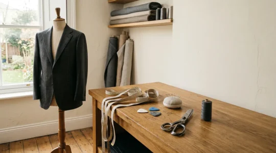 Atelier de tailleur avec veste de costume en cours d'ajustement sur mannequin de couture, rubans de mesure et outils de retouche