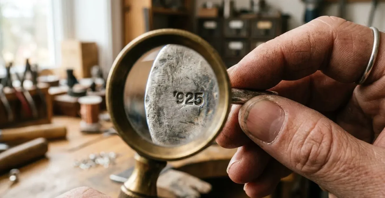 Examen minutieux d'un bijou en argent sterling avec loupe pour vérifier le poinçon d'authenticité 925