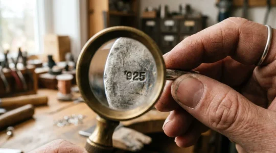 Examen minutieux d'un bijou en argent sterling avec loupe pour vérifier le poinçon d'authenticité 925